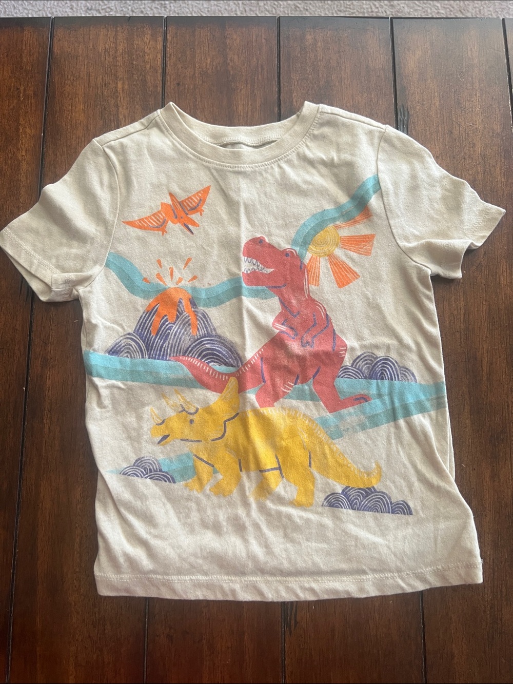 🎉🎉 5 for $20🎉🎉Kids Cream Dinosaur Graphic Tee with Yellow & Red Dinosaurs